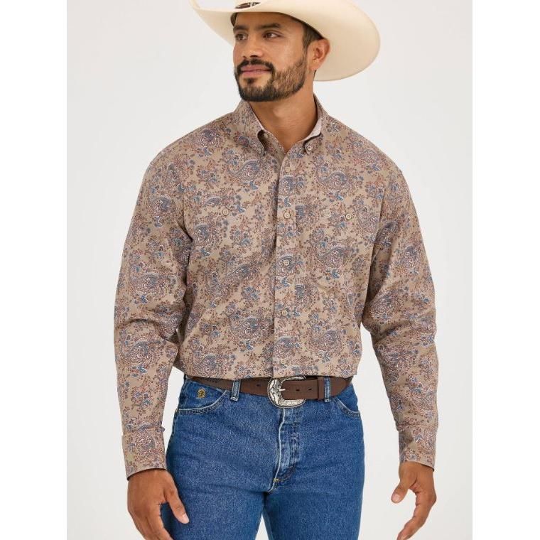 Wrangler Men's George Strait Collection Long Sleeve Shirt-Brown Multi