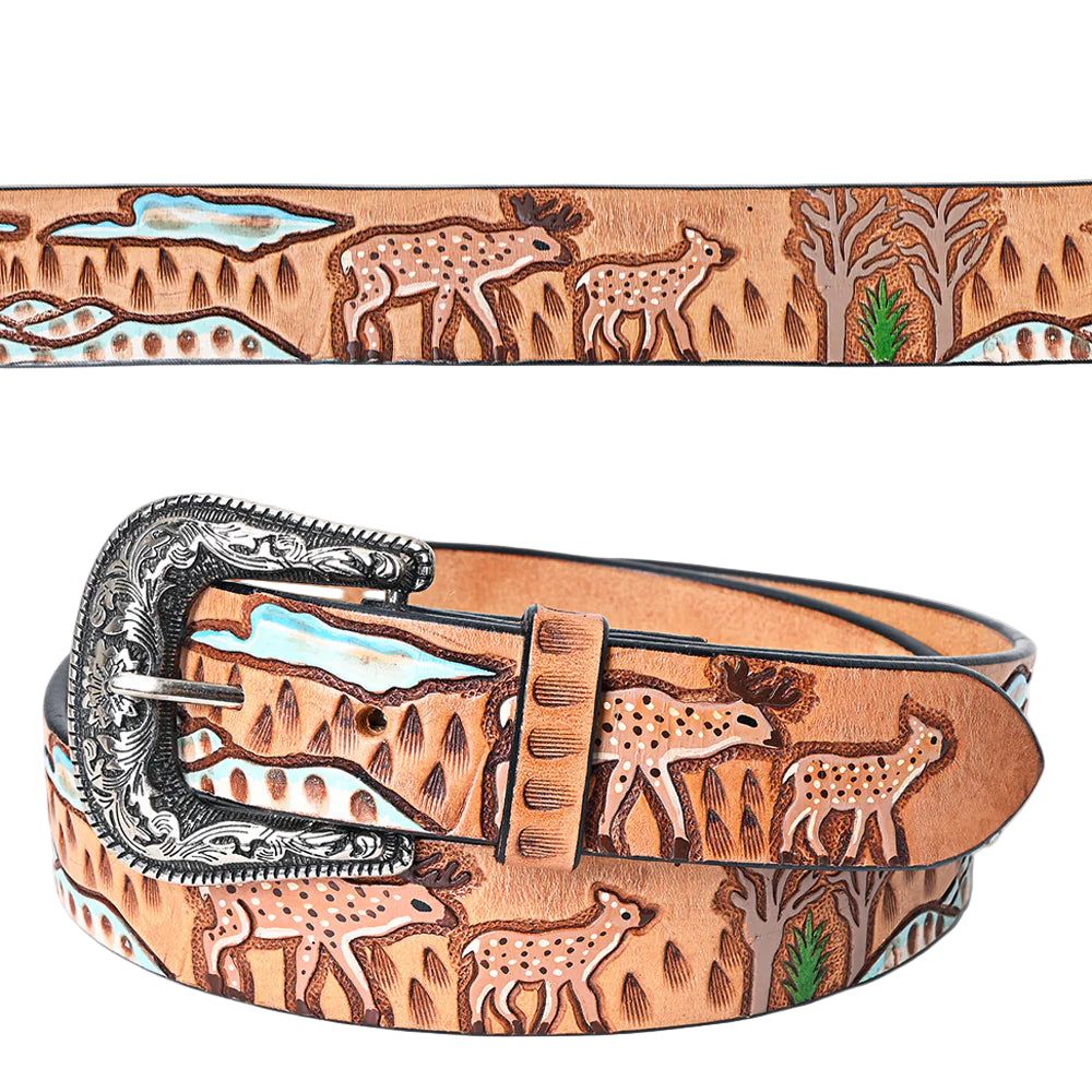 American Darling Tooled Leather Western Belt - Deer &amp; Wilderness Landscape - Tan