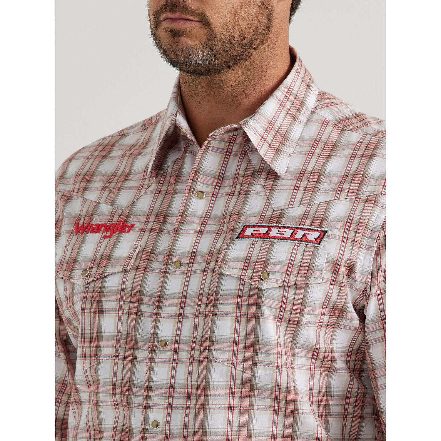 Wrangler Men's PBR Logo Long Sleeve Plaid Shirt - Red