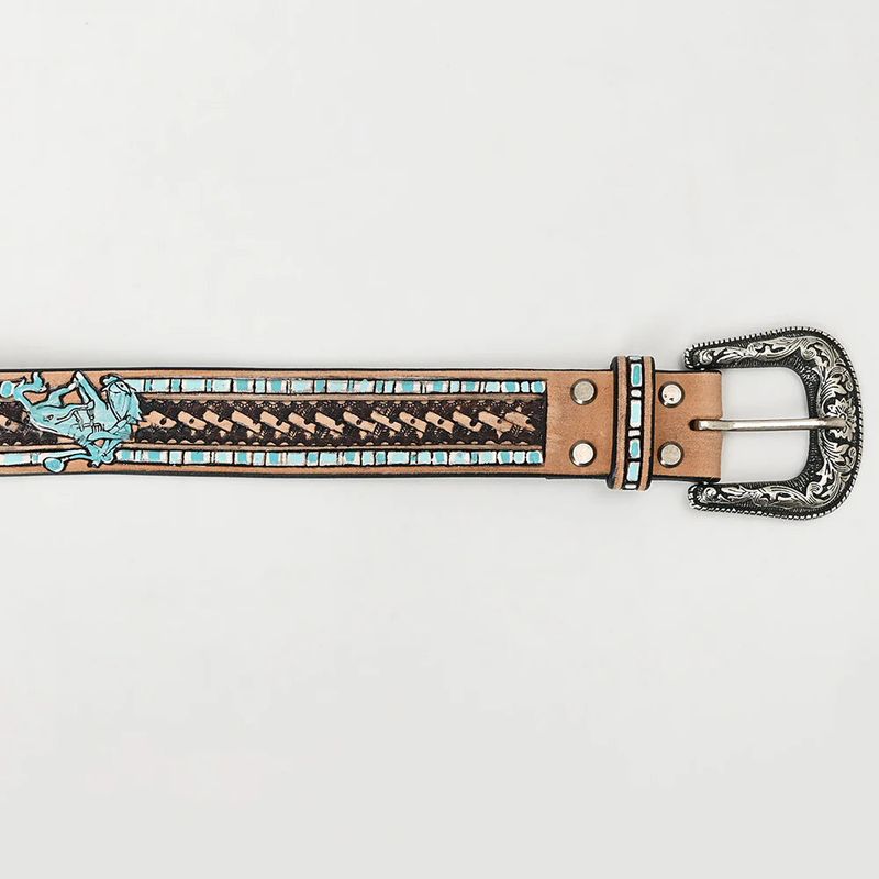 American Darling Rodeo Cowboy Hand Tooled Leather Belt with Silver Buckle - Turquoise