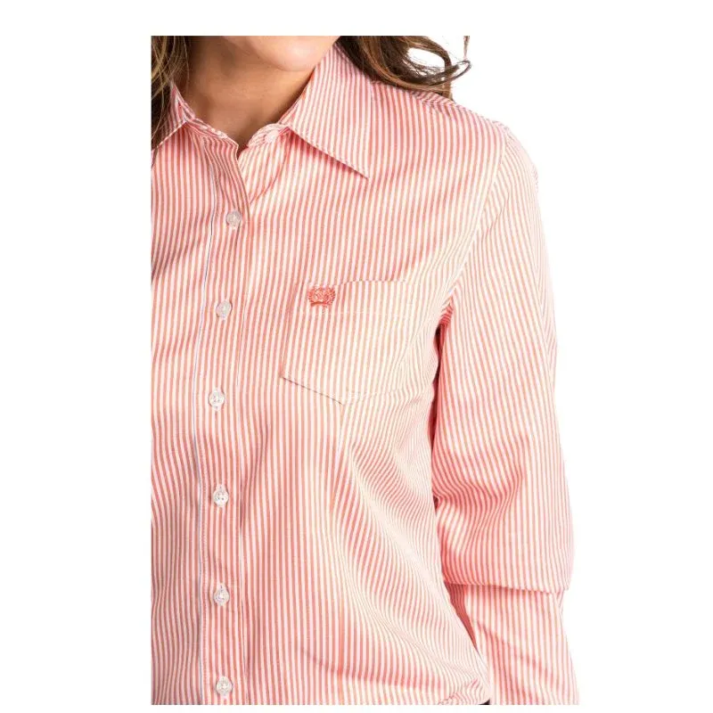 Cinch Women's Long Sleeve Button-Up Shirt - Coral &amp; White Stripe