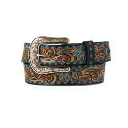 Angel Ranch Women's Hand Tooled Floral Pattern Diamond Lace Belt- Blue