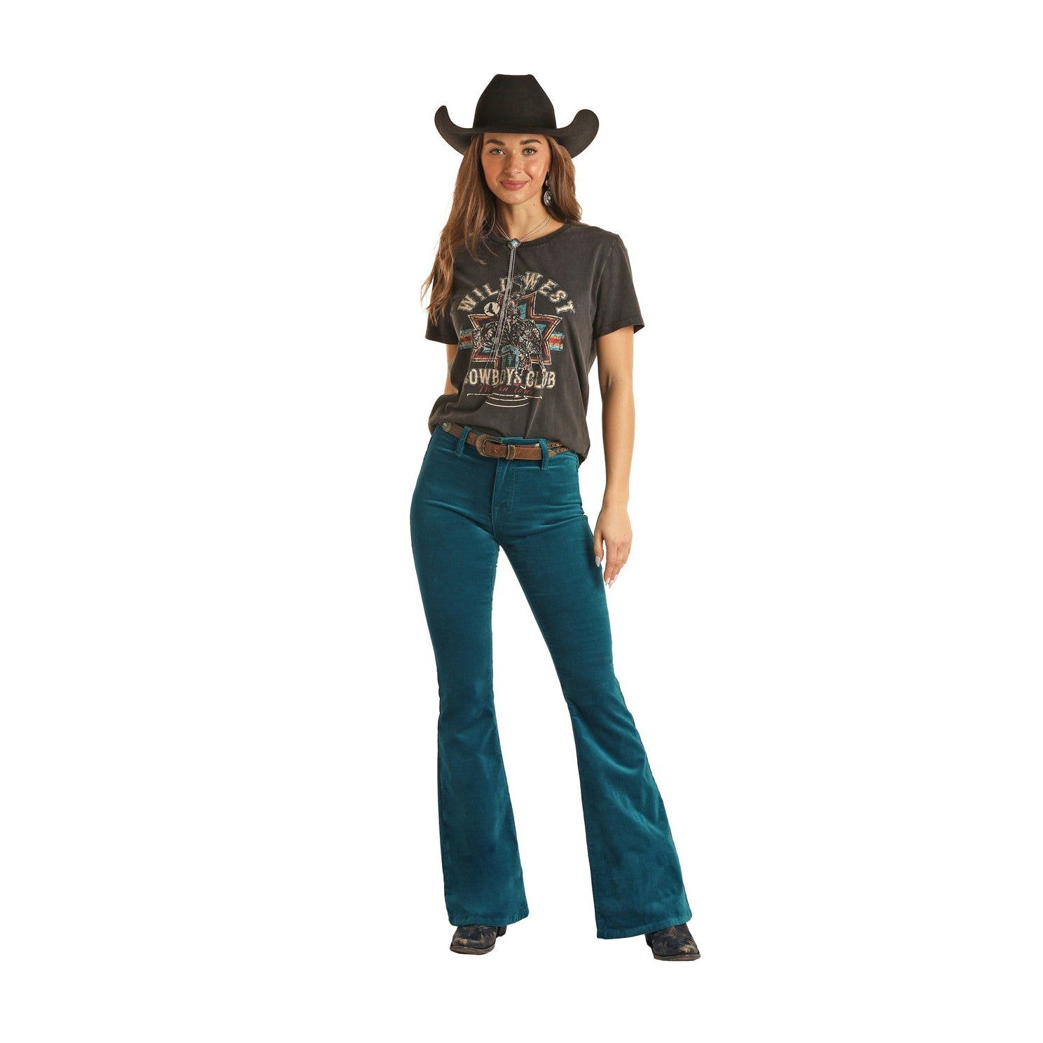 Rock &amp; Roll Women's Corduroy Button Flare Jeans - Teal