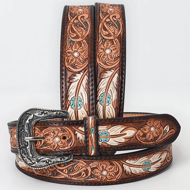 American Darling Unisex Floral Design w/ Feathers &amp; Accents Leather Western Belt - Tan/Cream