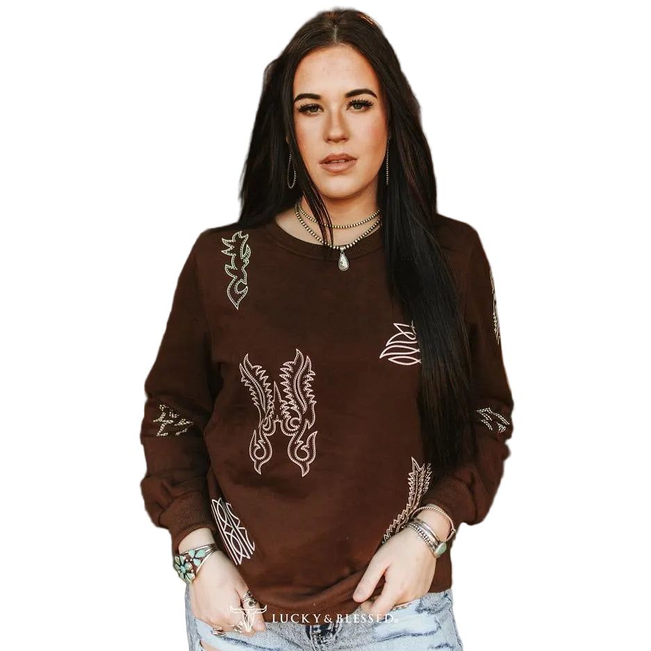 Lucky &amp; Blessed Women's Western Print Pullover Sweater - Brown