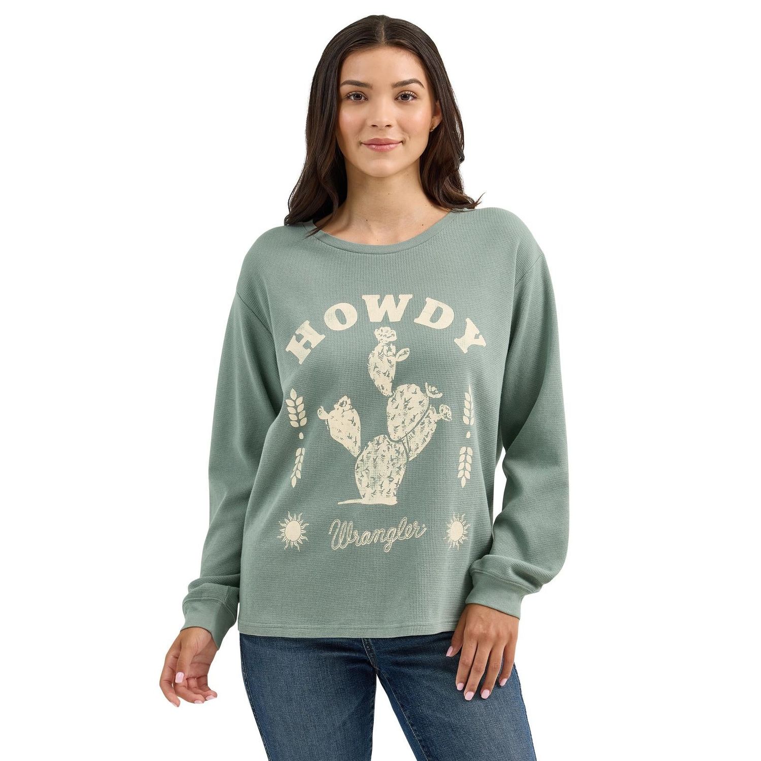 Wrangler Women's Long Sleeve Western Girlfriend Fit Tee Shirt- Chinois Green