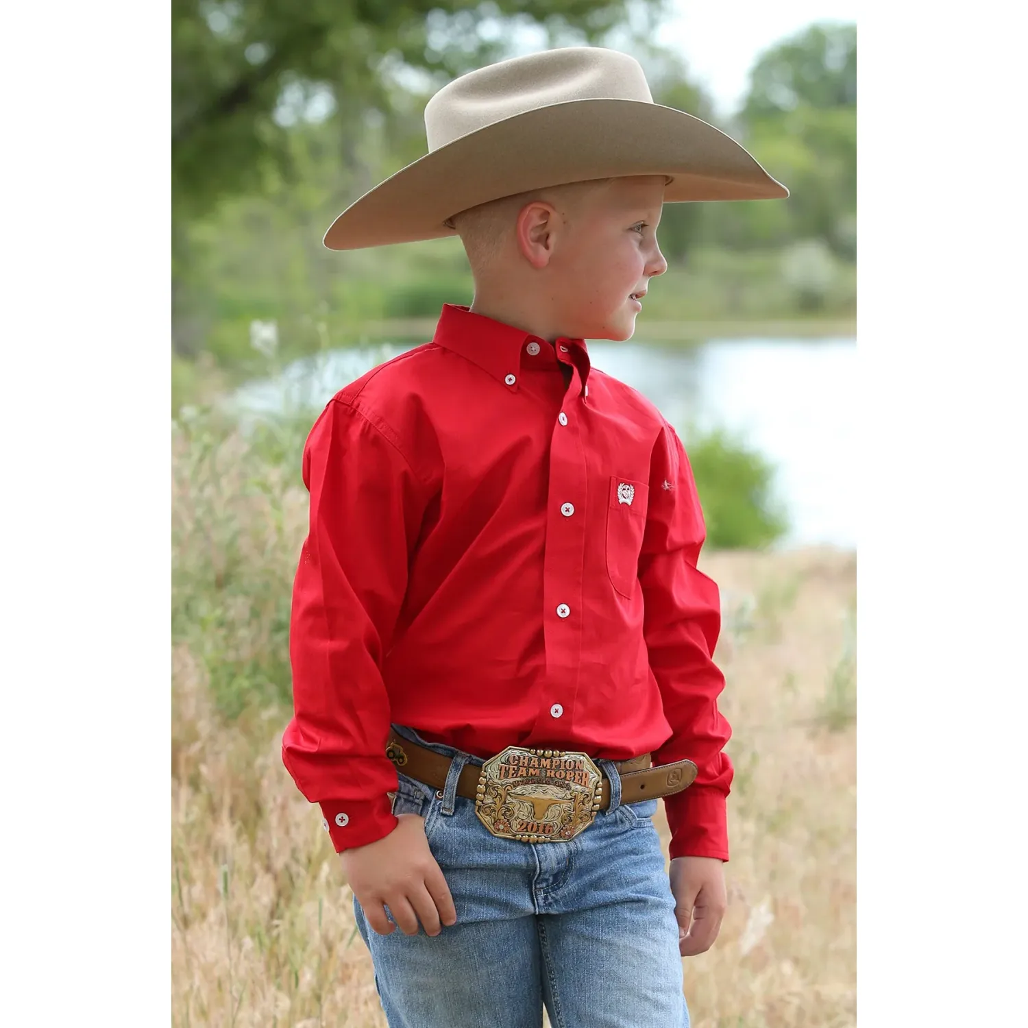 Cinch Boy's Classic Fit Solid Button-Down Shirt - Red, Size: XS