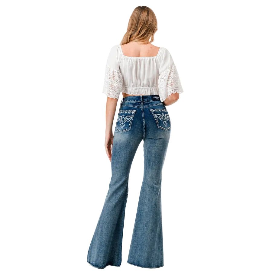 Grace in LA Women's High Rise Flare Jeans - Eagle Printed