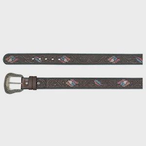 Catchfly Women's Leather Belt Tooled W/ Colored Feathers