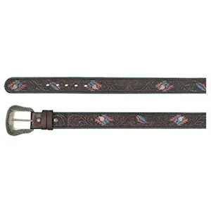 Catchfly Women's Leather Belt Tooled W/ Colored Feathers