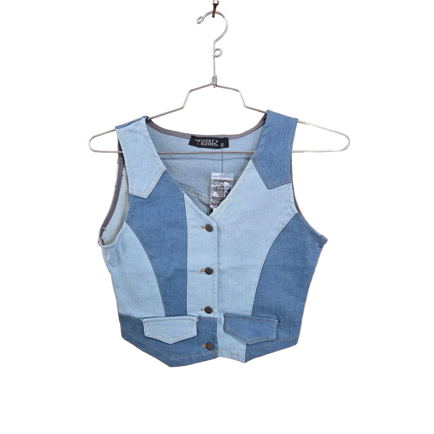 Lucky &amp; Blessed Women's Multi Patchwork Vest- Blue