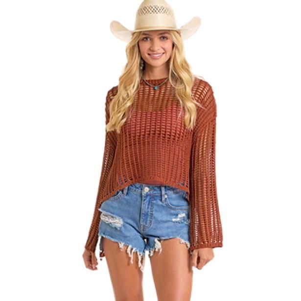 Rock &amp; Roll Women's Open Knit Sweater- Rust