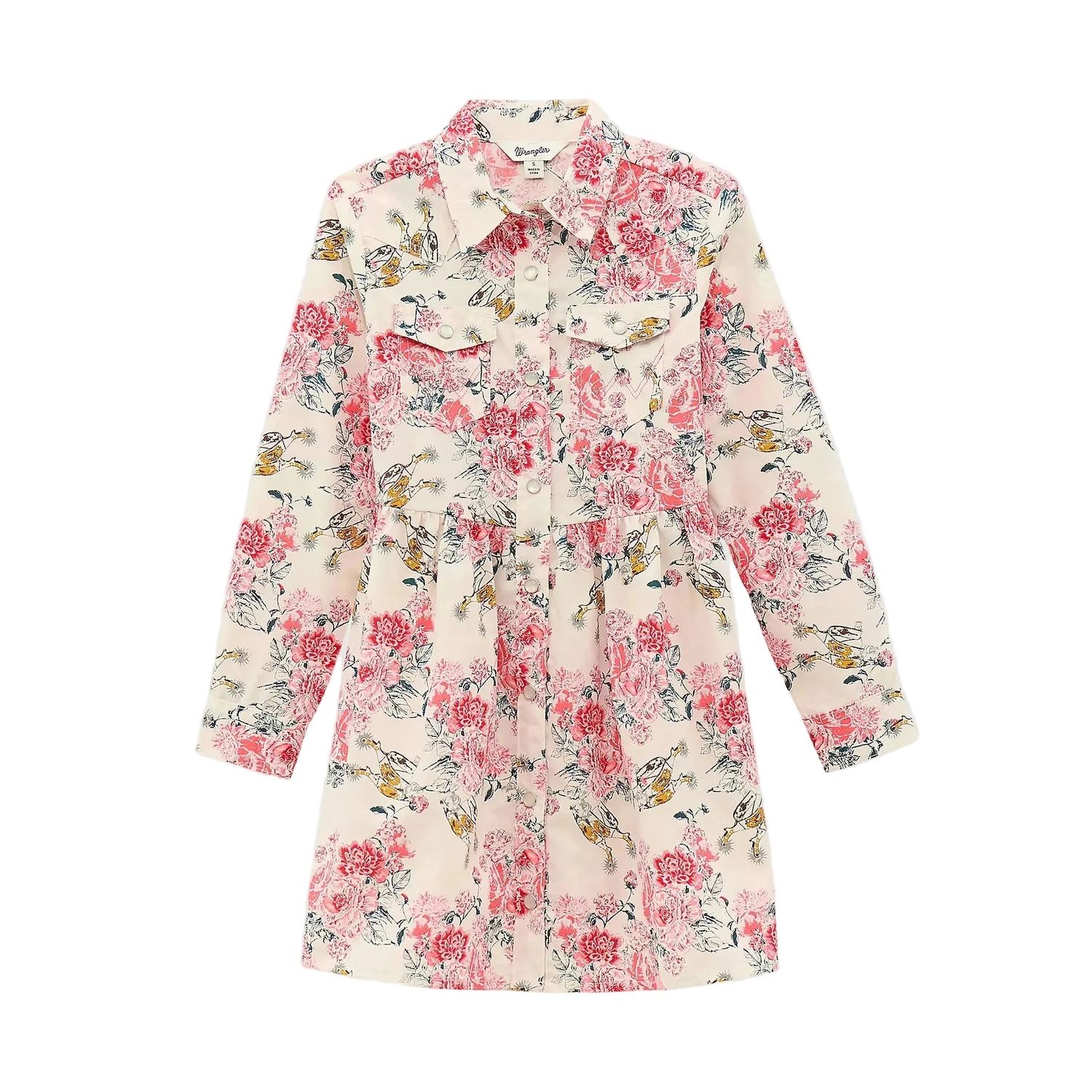 Wrangler Girl's Long Sleeve Printed Western Snap Dress- Floral White