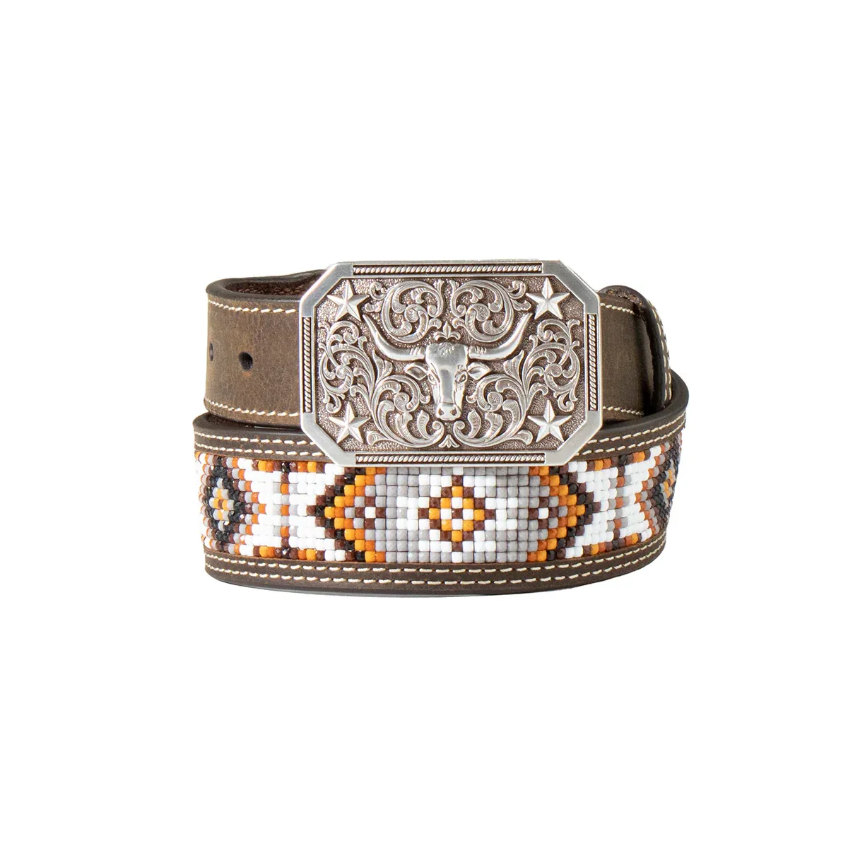 3D Boy's Resin Beaded Inlay Belt - Brown/White/Orange, Size: 20