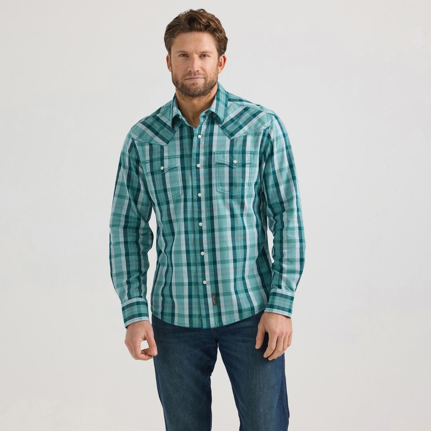 Wrangler Men's Long Sleeve Modern Fit Premium Retro Shirt- Turquoise