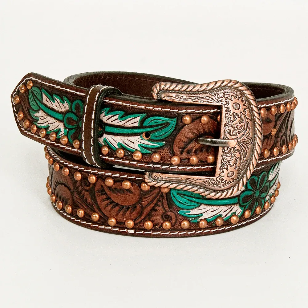 Bar H Hand Painted Western Leather Belt - Brown/Teal Feather &amp; Copper Studs, Size: S