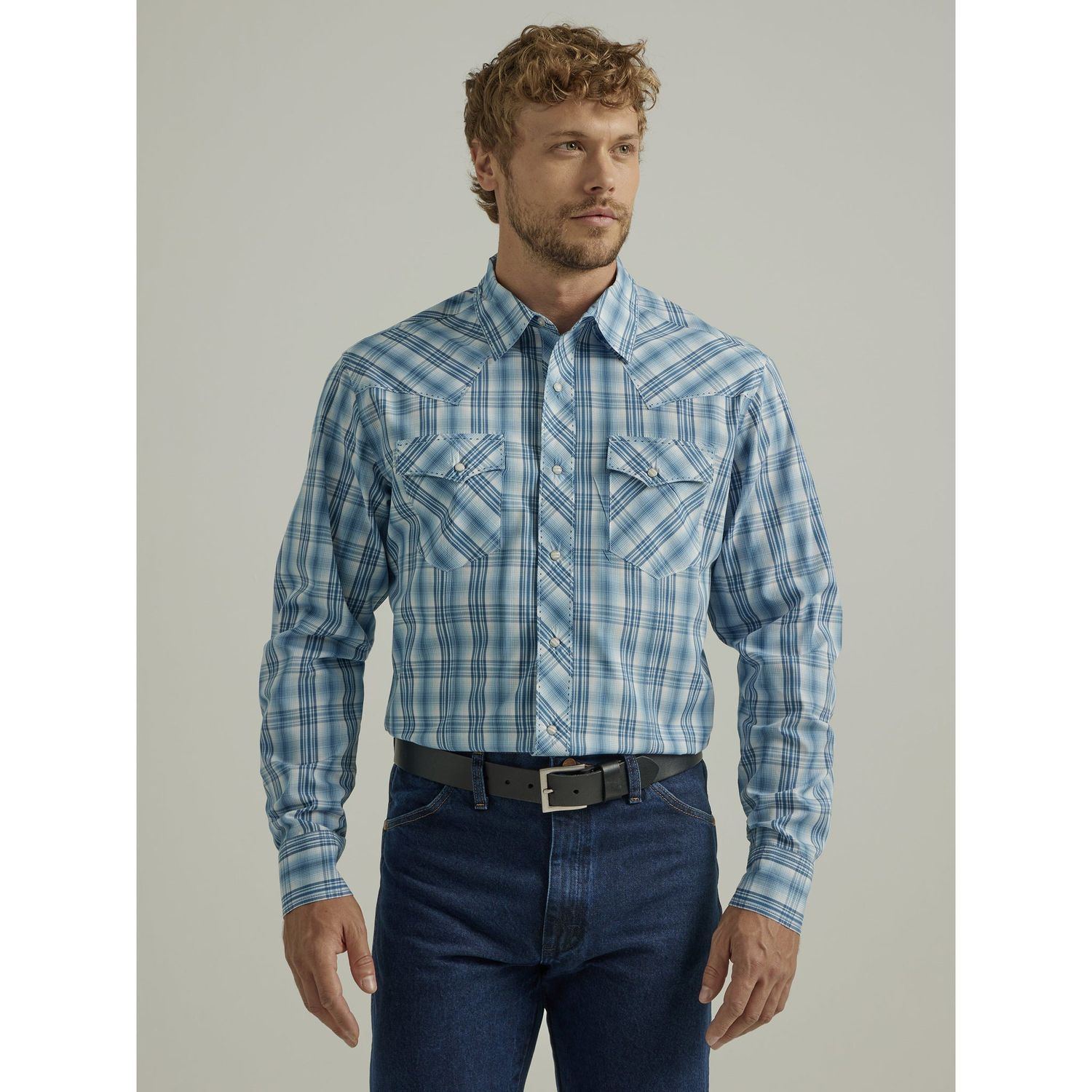 Wrangler Men's Wrinkle Free Long Sleeve Snap Shirt - Blue