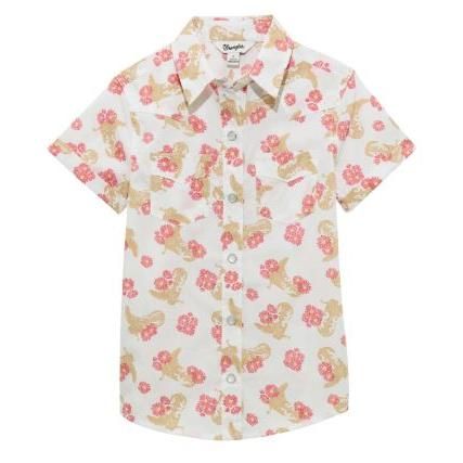 Wrangler Girl's Short Sleeve Western Shirt- White/Coral