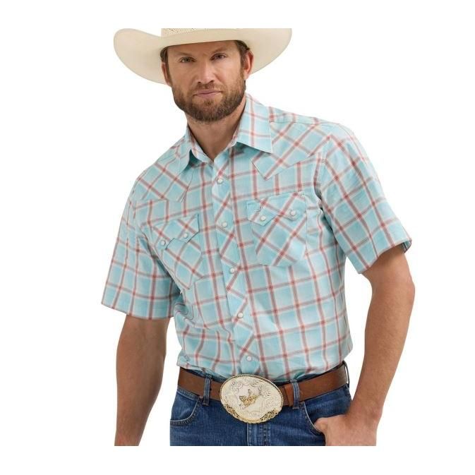 Wrangler Men's Short Sleeve Retro Core Shirt- Blue/Red