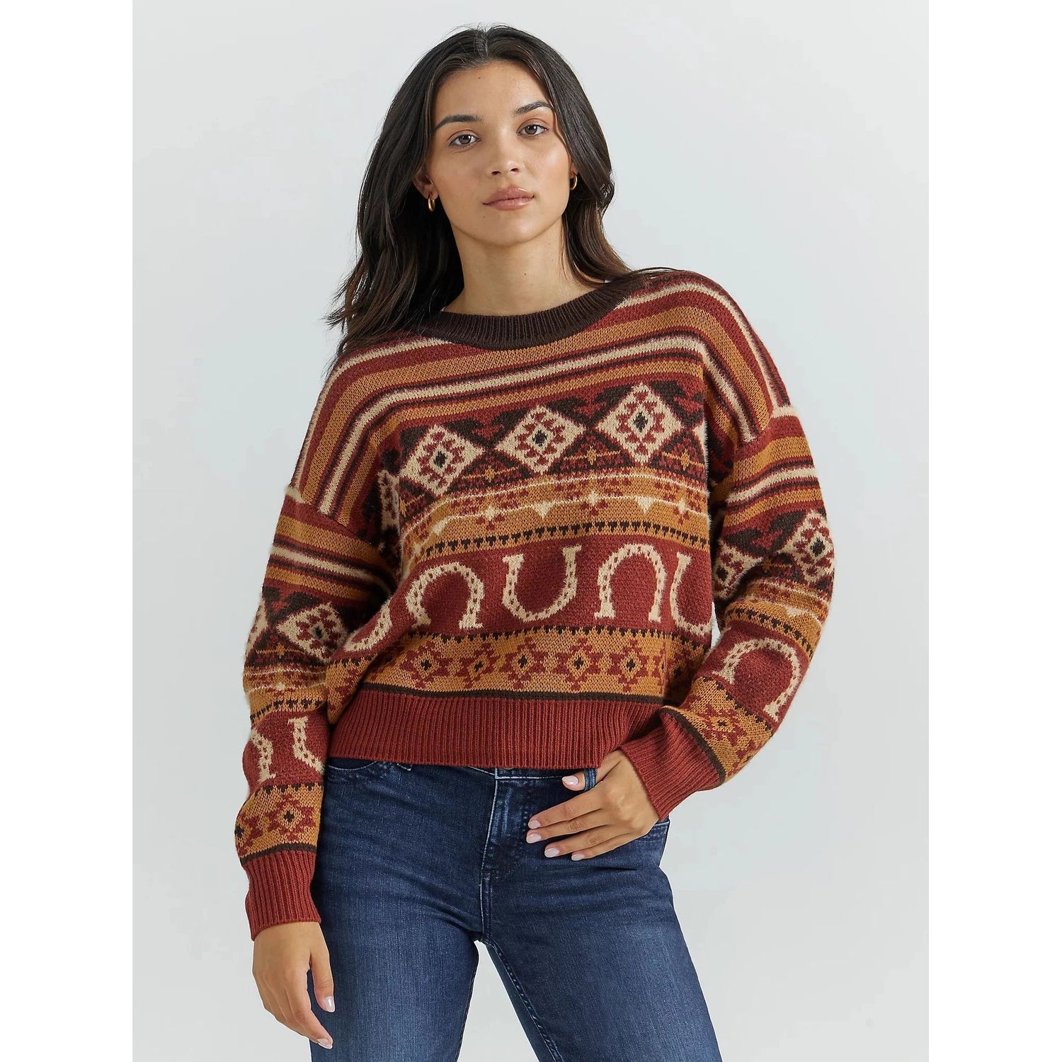 Wrangler Women's Retro Punch Crew Sweater - Burgundy/ Brown