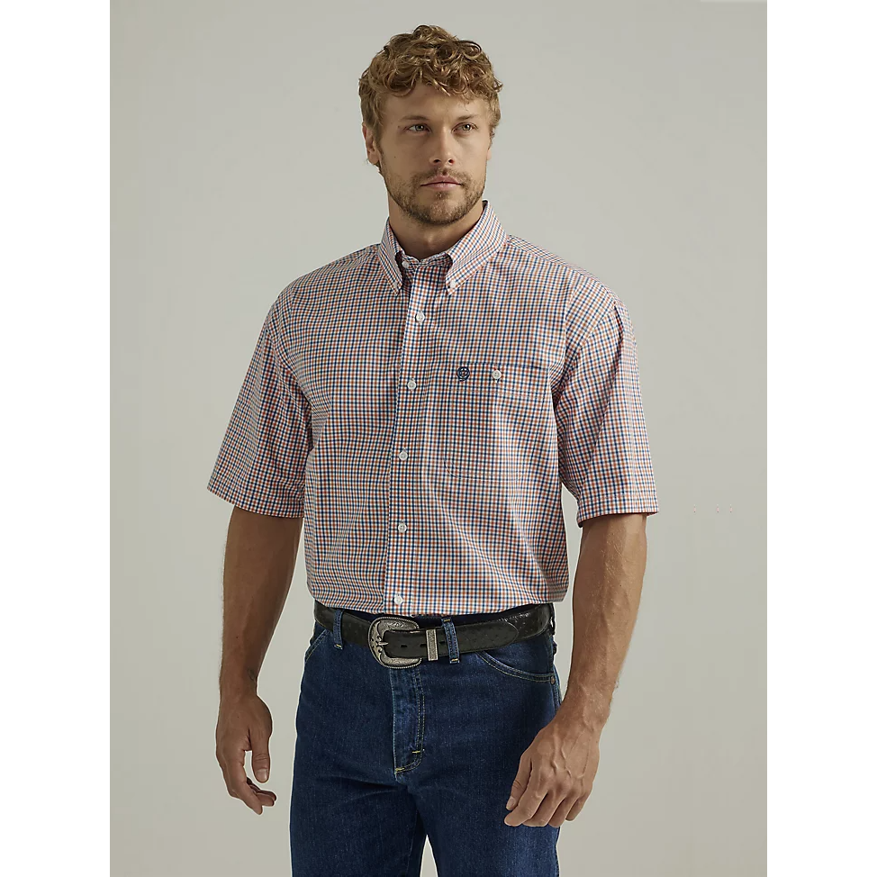 Wrangler Mens George Strait 1 Pocket Button Down Plaid Shirt - Orange Peel