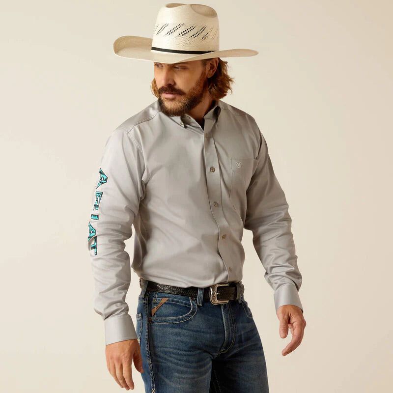 Ariat Men's Team Logo Twill Fitted Long Sleeve Shirt - Light Grey