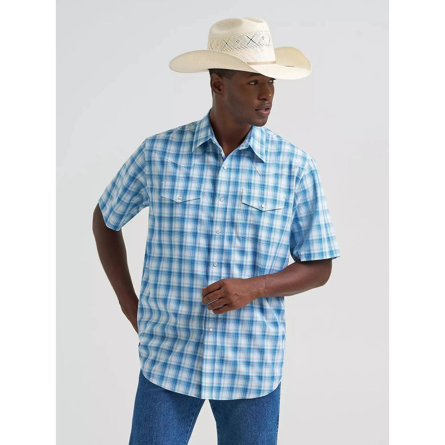 Wrangler Men's Wrinkle Resist Short Sleeve Western Snap Plaid Shirt - Seaside Blue