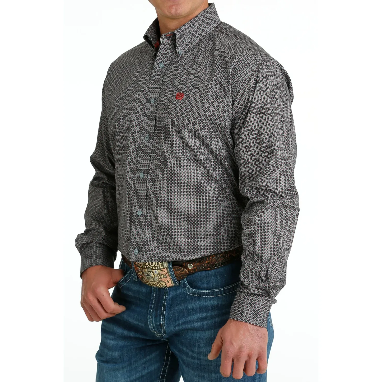 Cinch Men's LS Print Shirt - Grey, Size: XS