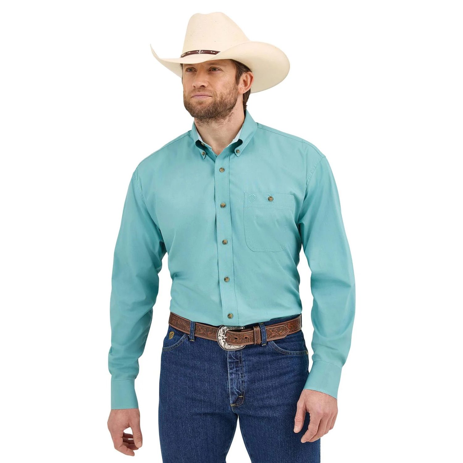 Wrangler Men's George Strait Long Sleeve One Pocket Shirt- Turquoise
