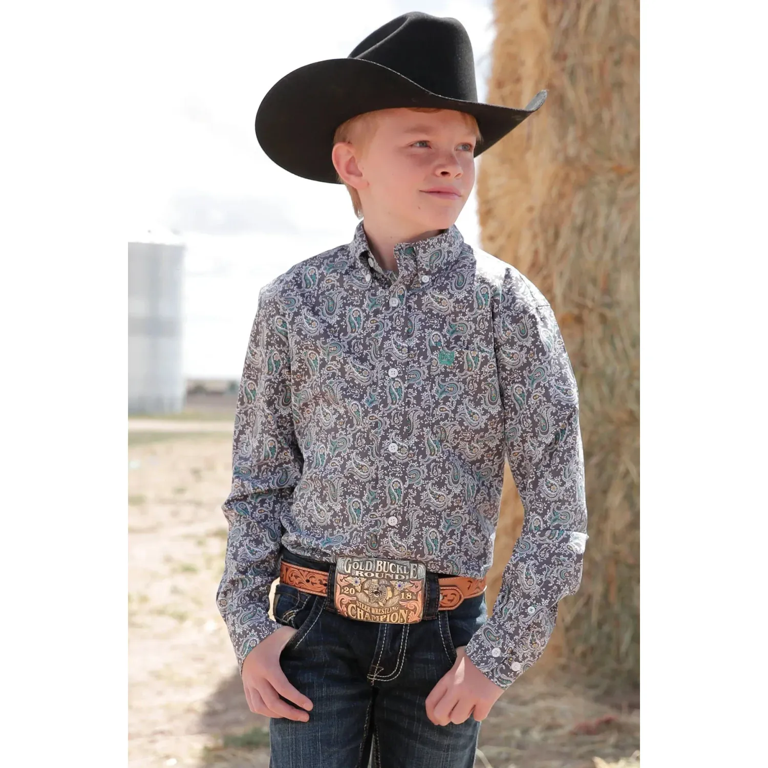 Cinch Boy's Long Sleeve Print Shirt - Grey, Size: XS