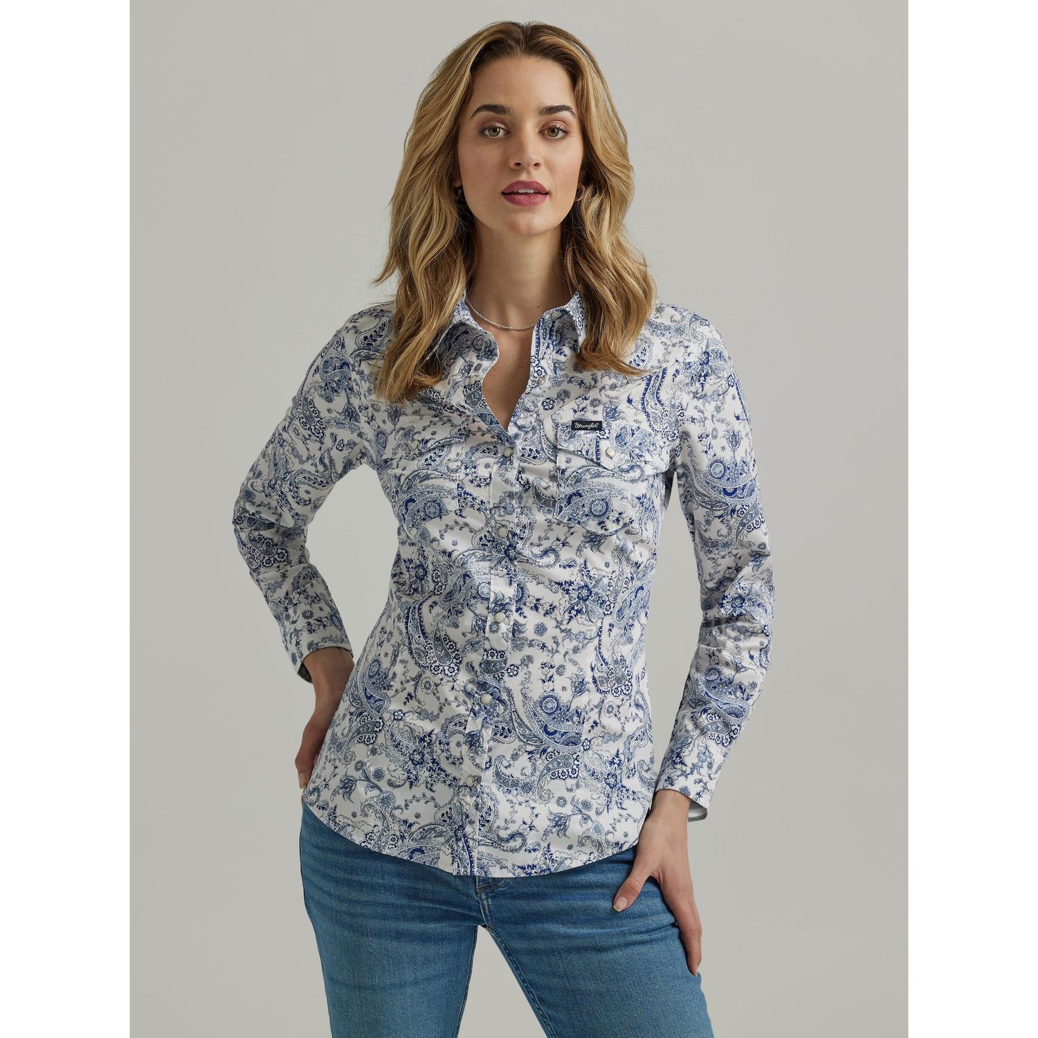 Wrangler Women's Long Sleeve Paisley Print Snap Shirt - Blue