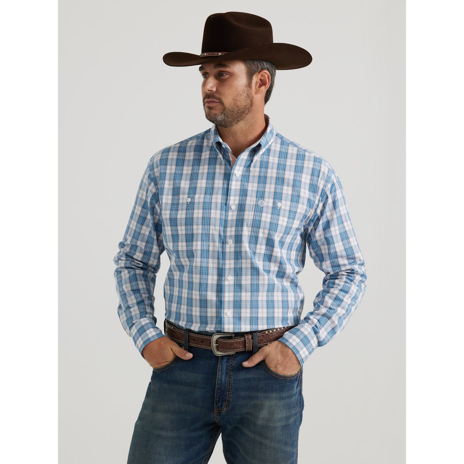 Wrangler Men's George Strait Long Sleeve Plaid Shirt - Blue