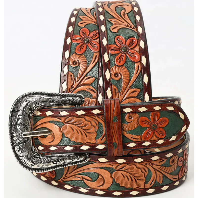 American Darling Floral Scroll Design with White Diamond Border Tooled Western Belt