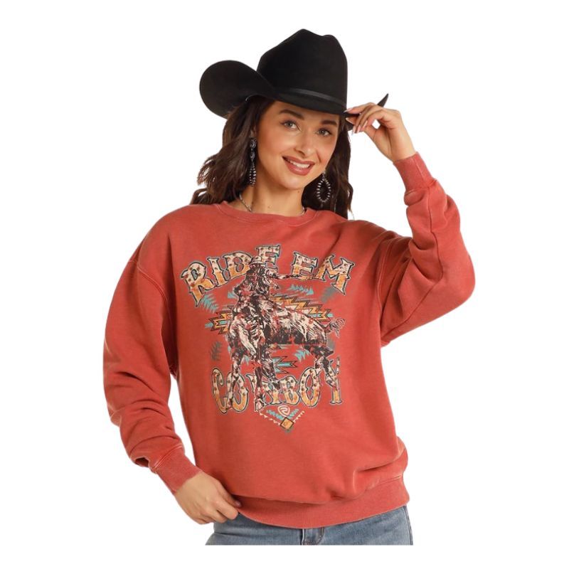 Rock &amp; Roll Women's Long Sleeve Oversized Pullover with Studs- Scarlet