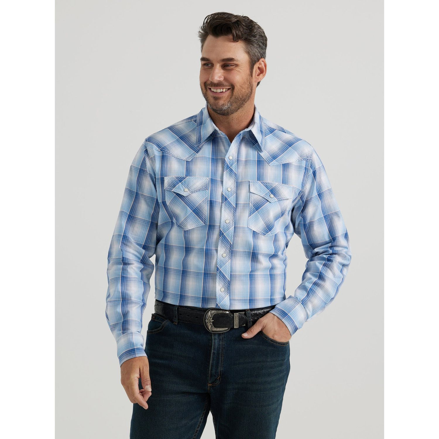Wrangler Men's 20X Advanced Comfort Long Sleeve Plaid Snap Shirt - Blue