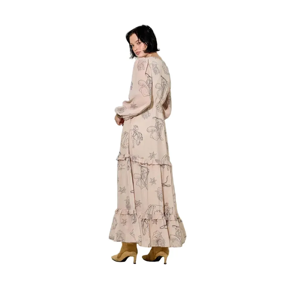 BaeVely Women's Cowboy Print V Neck Long Sleeve Midi Dress- Taupe