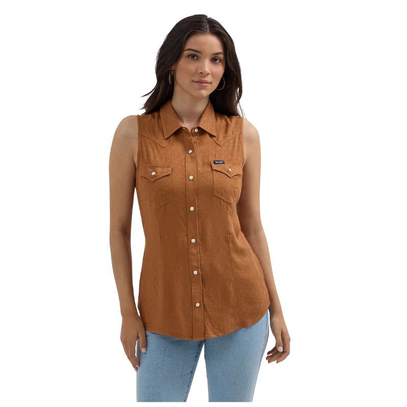 Wrangler Women's Sleeveless Western Vintage Shirt- Brown
