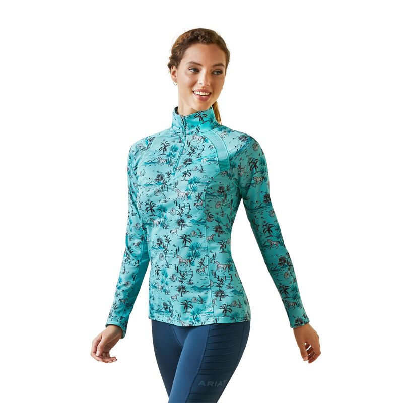 Ariat Womens Sunstopper 2.0 1/4 Zip Baselayer Shirt - Pool Blue Oasis Print