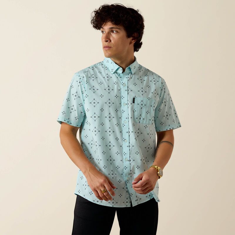 Ariat Men's Marlow Modern Fit Large Medallion Short Sleeve Shirt - Blue Glow