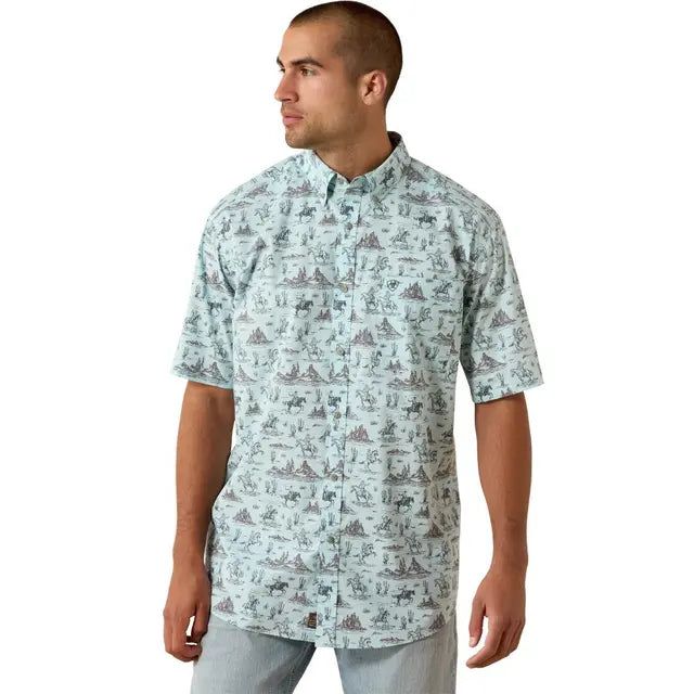 Ariat Men's Pratt Classic Fit Short Sleeve Shirt - Blue Glow Western Print