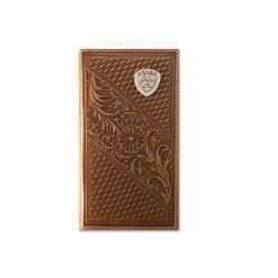 Ariat Men's Rodeo Style Basketweave Floral Shield Wallet-Tan
