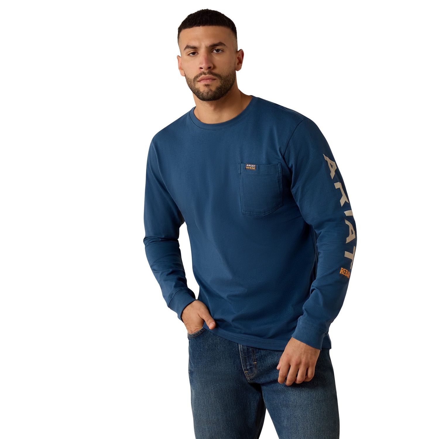 Ariat Men's Rebar Cotton Strong Standard Logo Pocket T-Shirt - Key Largo/Silver Lining