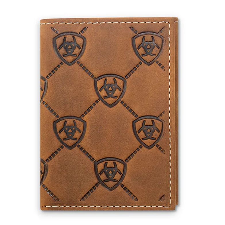 Ariat Men's Trifold Ariat Shield Embossed Wallet- Medium Brown