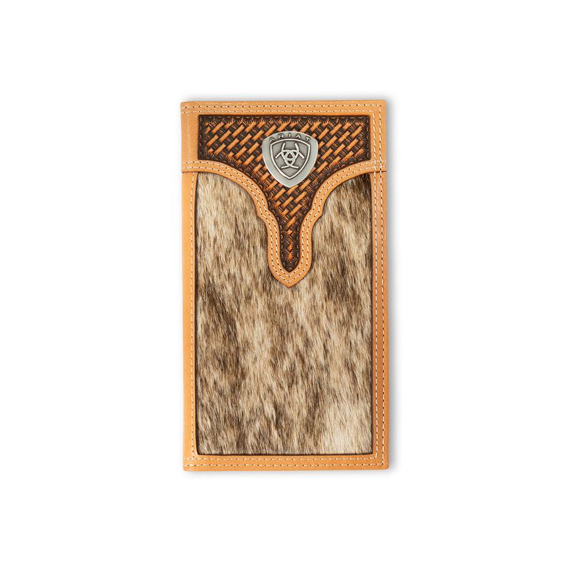 Ariat Men's Trifold Calf Hair Basket Weave Wallet- Natural
