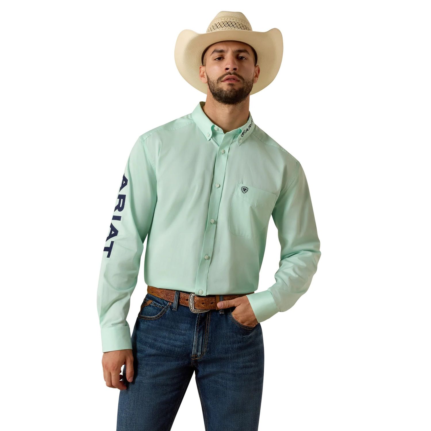 Ariat Men's Team Logo Standard Twill Classic Fit Long Sleeve Shirt - Dusty Aqua/Navy