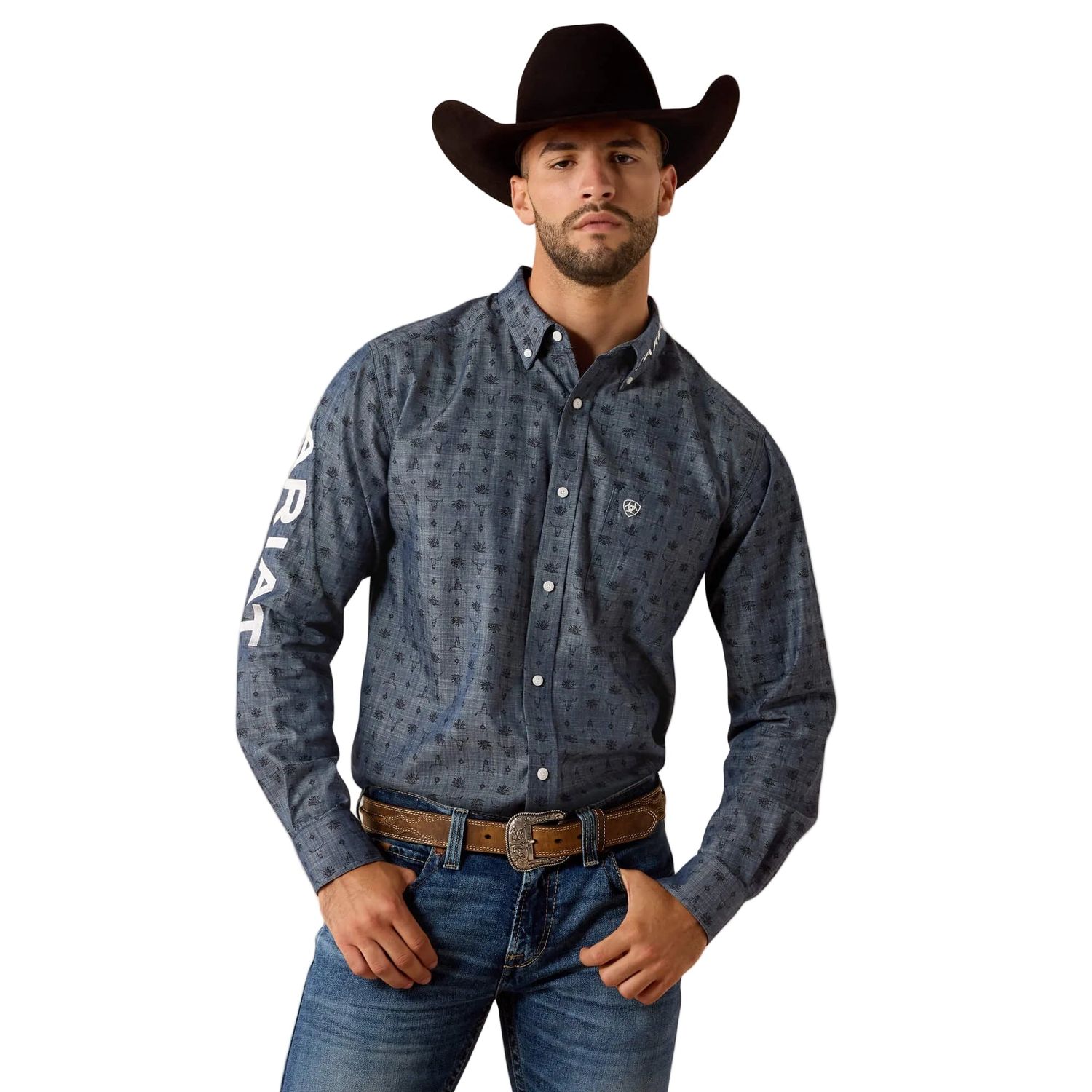 Ariat Men's Team Wael Fitted Long Sleeve Print Shirt - Blue Steerhead/White