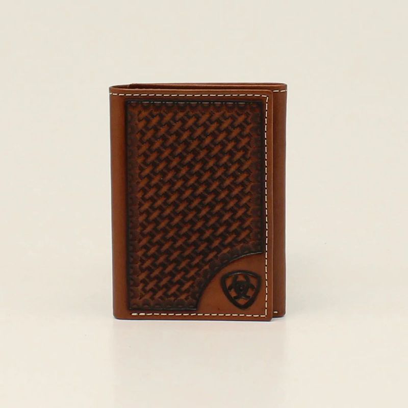 Ariat Men's Trifold Basketweave with Shield Wallet- Tan