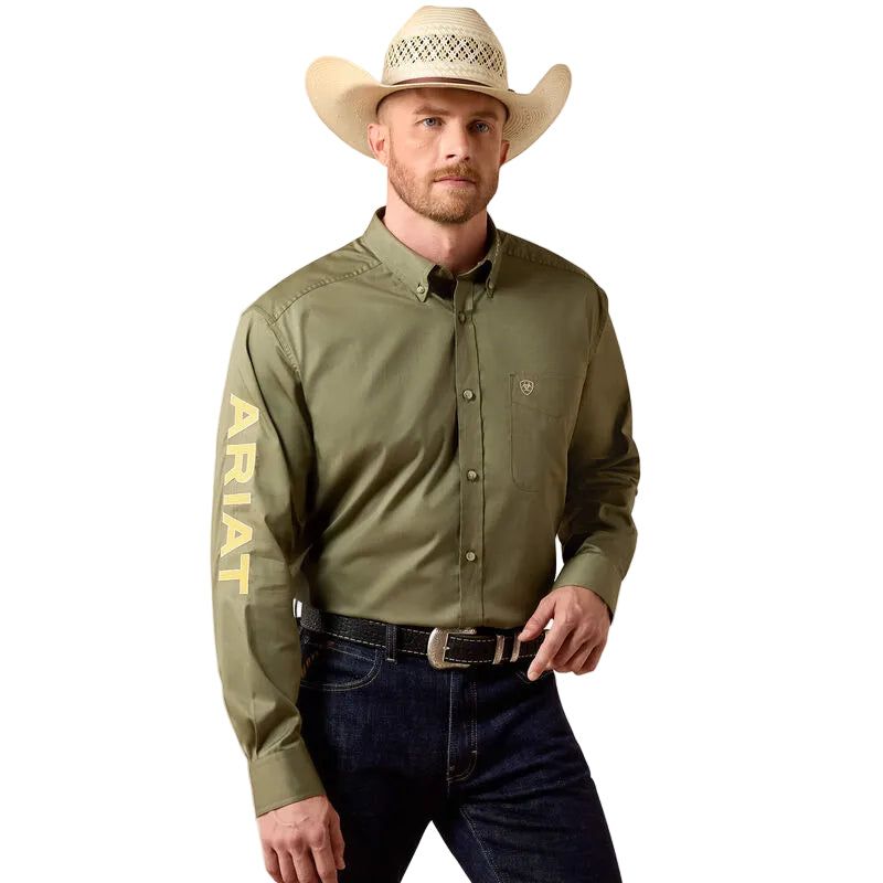 Ariat Men's Team Logo Lightweight Twill Classic Fit LS Shirt - Deep Lichen Green/Amber