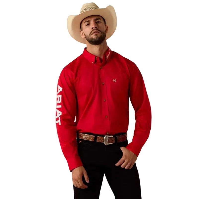 Ariat Men's Team Logo Lightweight Twill Fitted Long Sleeve Shirt - Tango Red/White