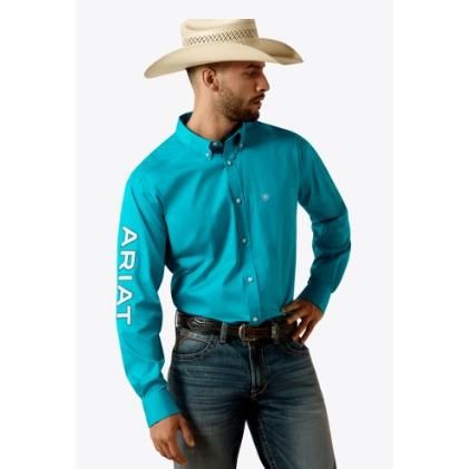 Ariat Men's Team Logo Standard Twill Classic Fit Long Sleeve Shirt - Peacock Blue/White